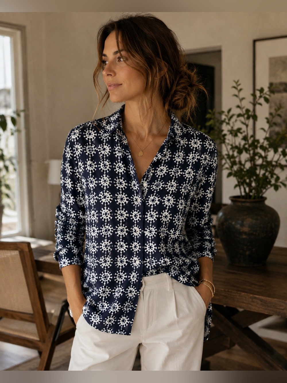 Theory Navy & White Abstract Print Cotton Button-Up Shirt XL
